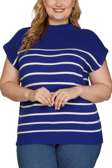 Plus Mock Neck Striped Sweater Top