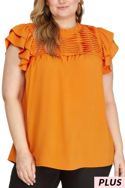 Plus Ruffle Sleeve Pleated York Woven Top