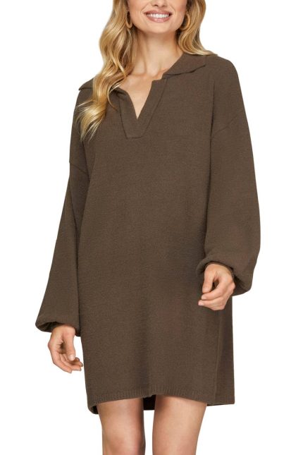 Long Sleeve Collar Fuzzy Sweater Dress