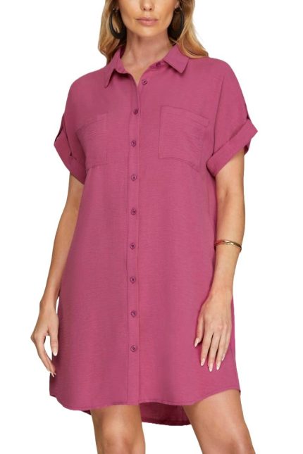 Drop Shoulder Button Up Woven Shirt Dress