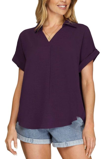 Drop Shoulder Collared Woven Top