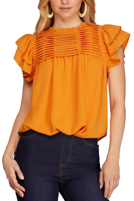 Ruffle Sleeve Pleated York Woven Top