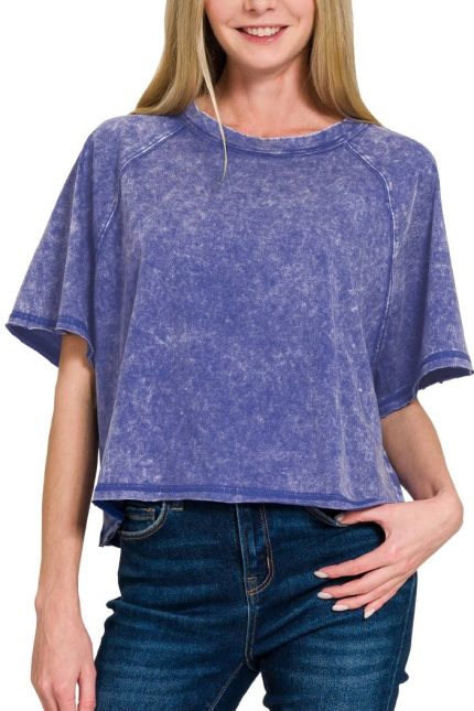 Acid Washed Round Neck Crop Tee