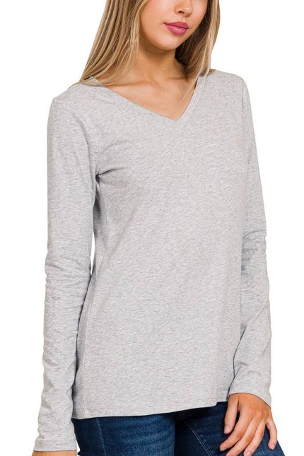 Cotton V-neck Long Sleeve T-shirt