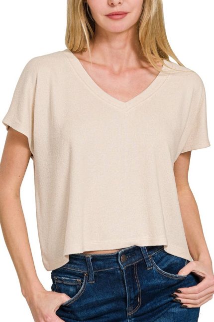 Soft Melange V-neck Drop Shoulder Cropped Top