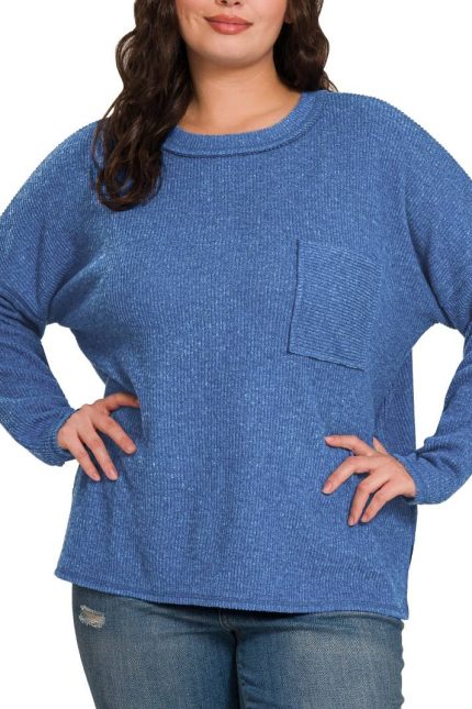 Plus Ribbed Brushed Melange Hacci Sweater With A Pocket