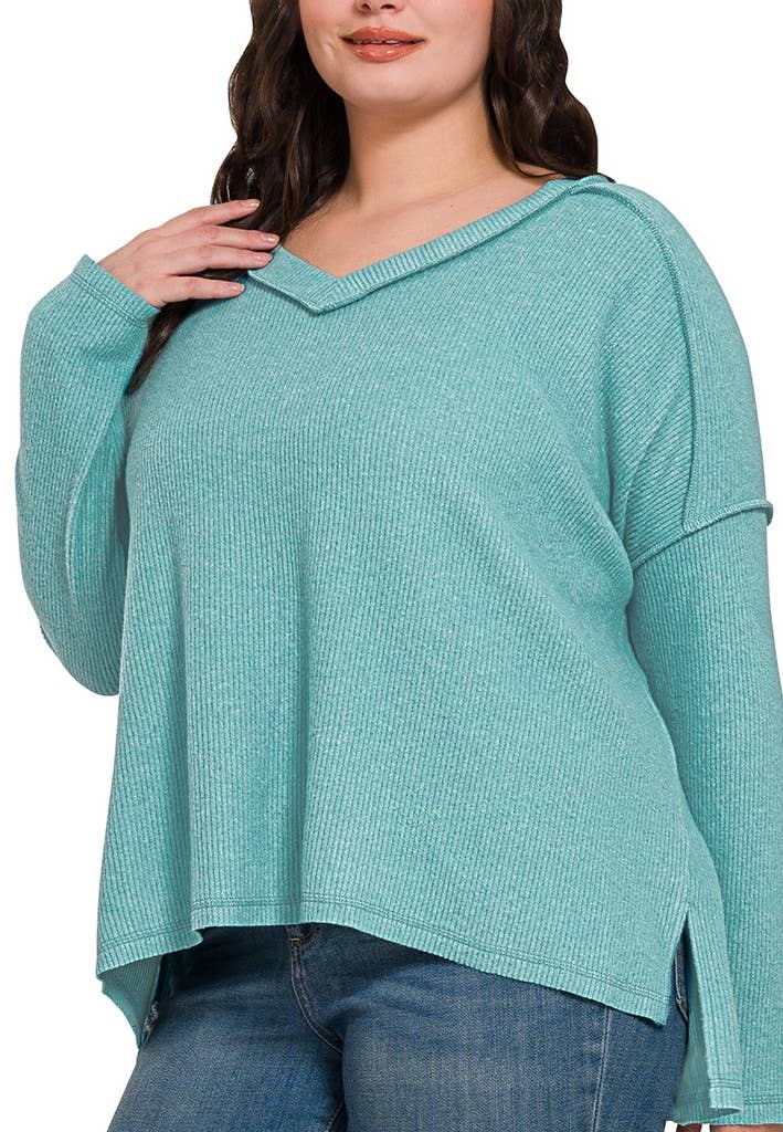 Plus Brushed Ribbed Hacci Drop Shoulder V-neck Sweater