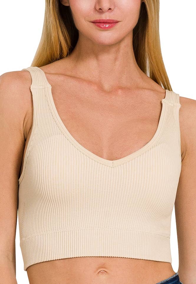 Ribbed Cropped Bra Padded V-neck Tank Top