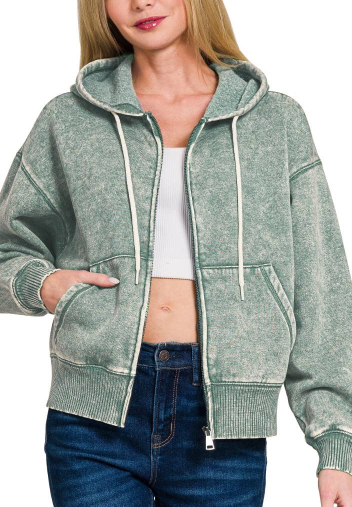 Acid Wash Fleece Cropped Zip-up Hoodie W Pockets