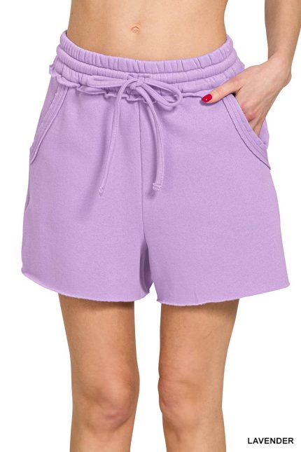 Fleece Raw Hem Shorts With Draw String