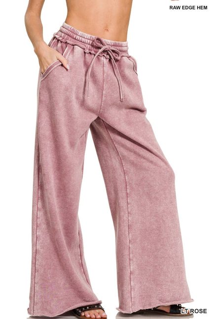 Acid Wash Fleece Palazzo Sweatpants With Pockets