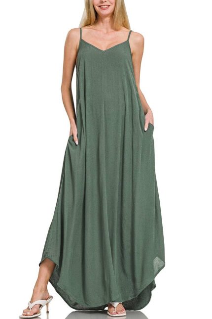 Woven Crinkle Cami Maxi Dress W Side Pockets