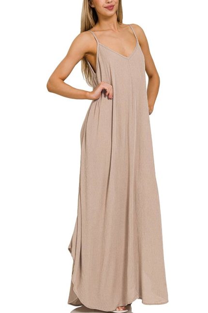 Woven Crinkle Cami Maxi Dress W Side Pockets
