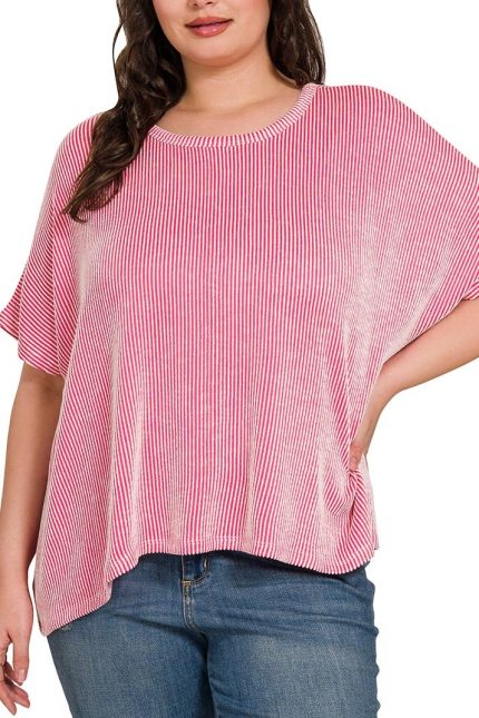 Plus Ribbed Striped Oversized Short Sleeve Top