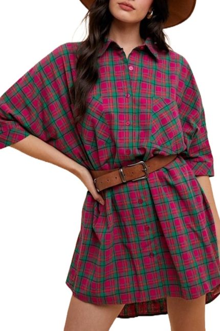 Tartan Check 3/4 Dolman Sleeve Oversized Dress