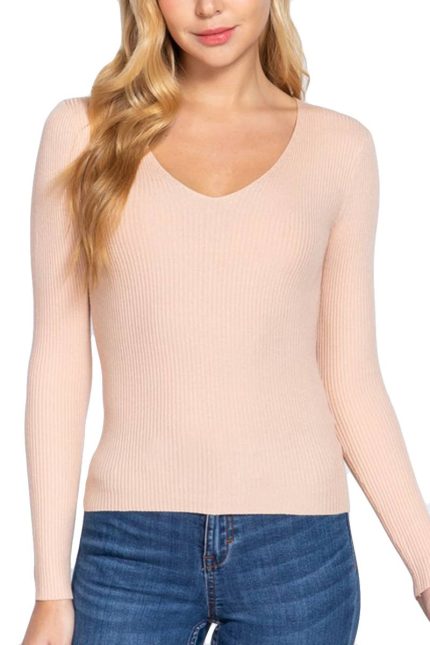 Long Sleeve V Neck Viscose Ribbed Sweater