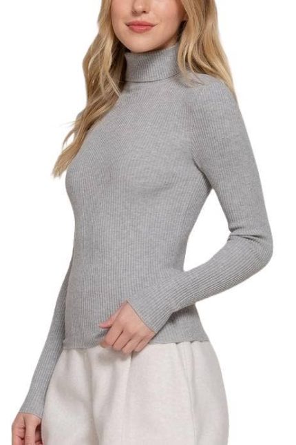 Long Sleeve Turtle Neck Fitted Viscose Rib Sweater Top