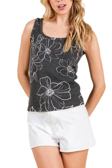 Floral Ribbed Sleeveless Top