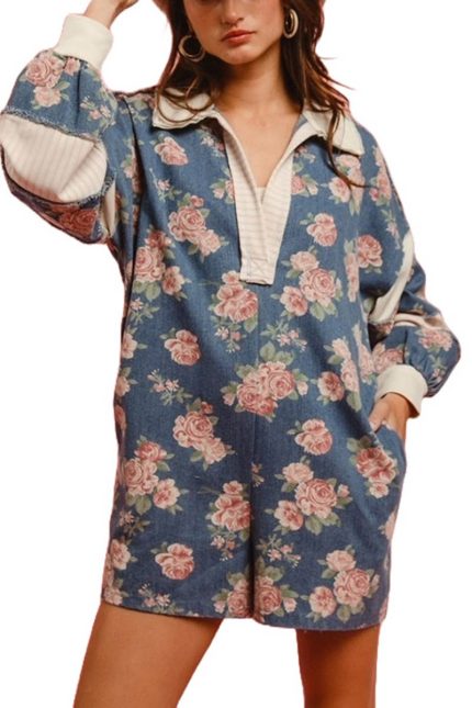 Washed Floral Denim Romper