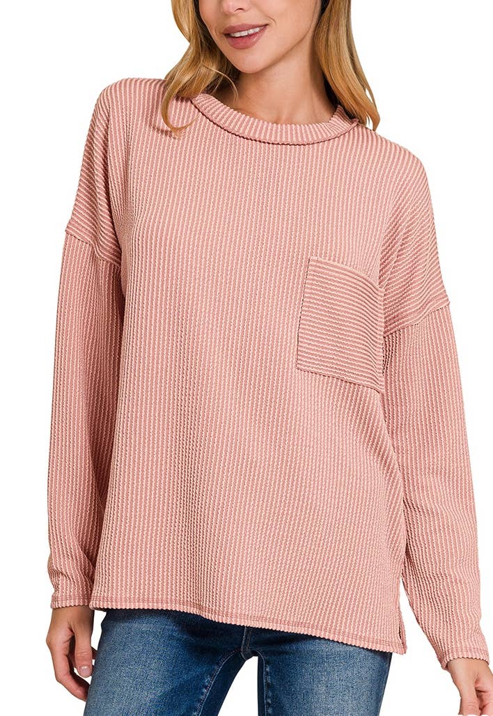 Corded Rib Long Sleeve Drop Shoulder Top