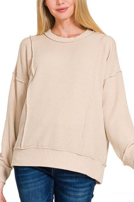 Corded Rib Long Sleeve Round Neck Pullover