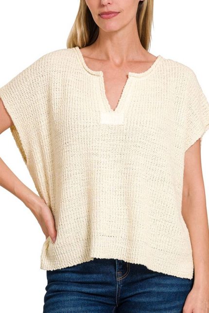 Back Patch Rolled Split-neck Side Slit Pullover