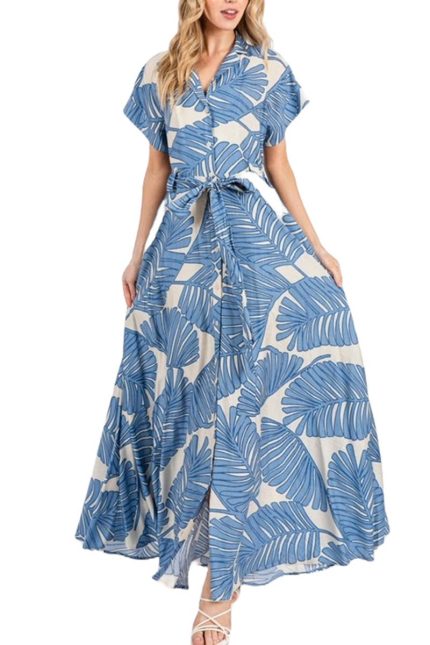 Palm Print Short Sleeve Button-down Maxi Dress