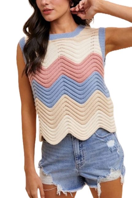 Mutli Color Waive Pointelle Sweater Tank