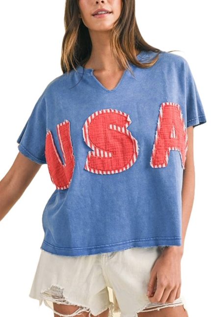 Mineral Washed Usa Patched Knit Top