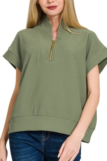 Ribbed High Neck Half Zip Top