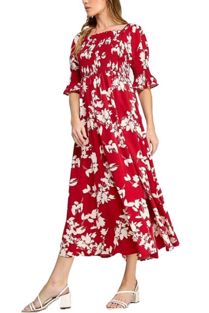 Leaf Print Shirred A Line Maxi Dress