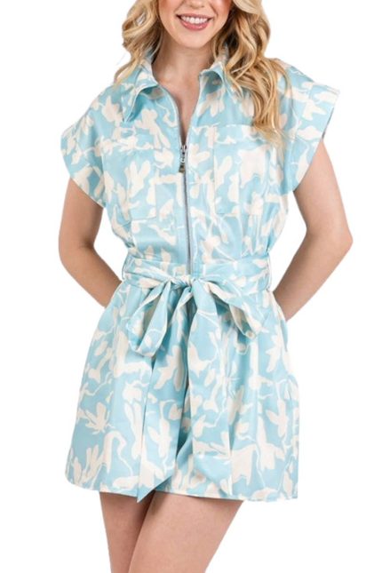 Printed Short Sleeve Zipper-down Romper