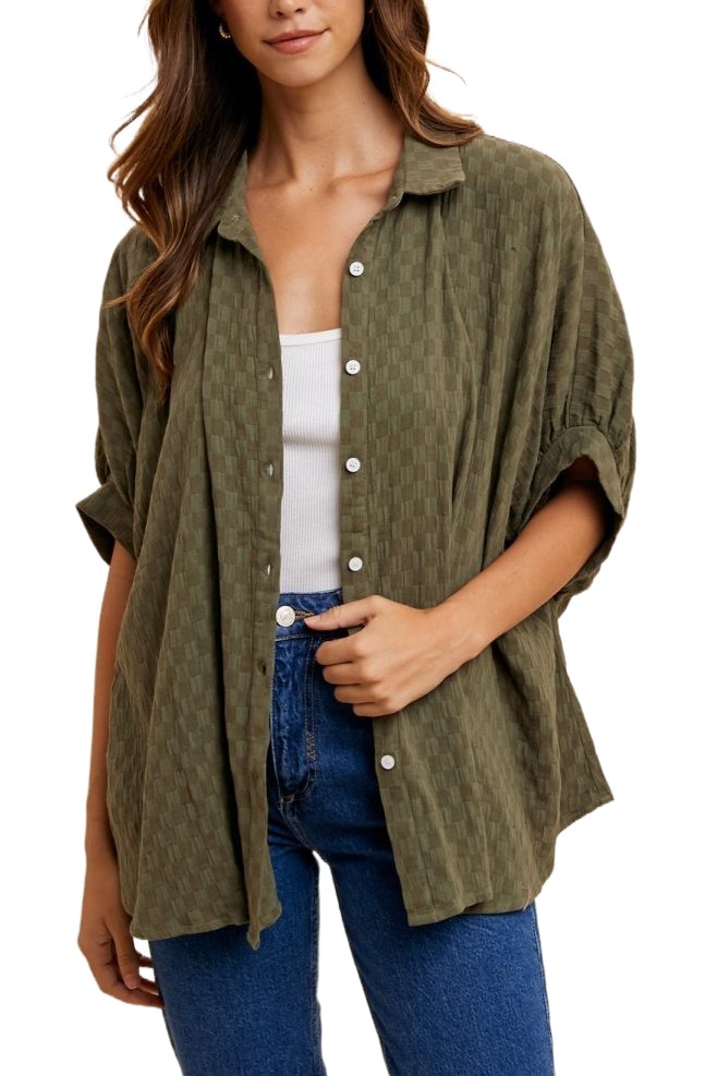 Checkerboard Texture Cotton Gauze Oversized Blouse