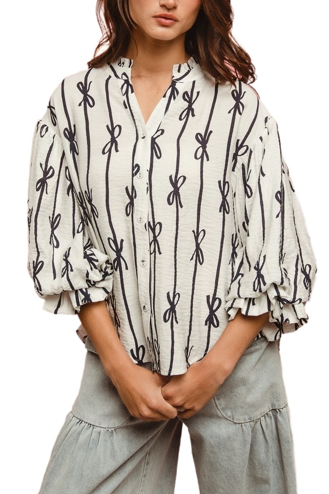 Bow Ribbon Printed Woven Bubble Sleeves Top