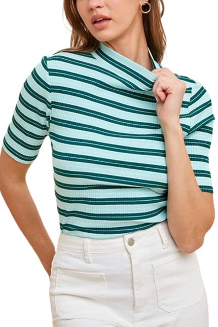 Stripe 1/2 Sleeve Mock Neck Rib Knit Top