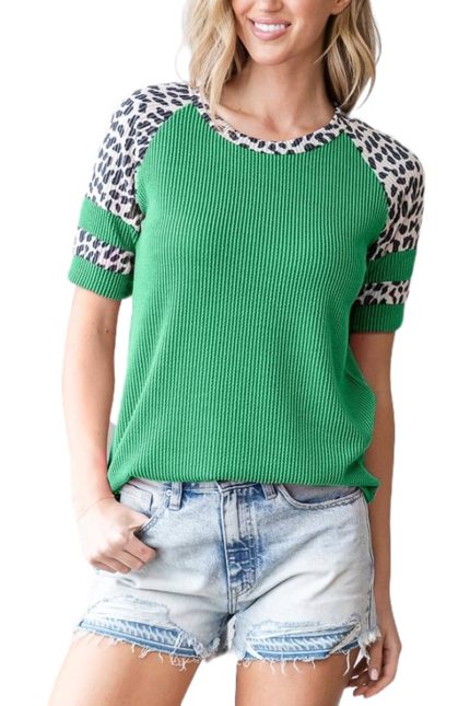 Rib Animal Print Contrast Short Sleeve Top