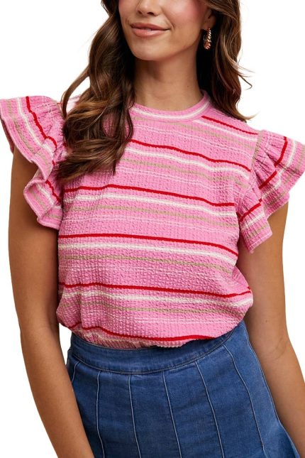Multi Stripe Ruffle Sleeve Textured Knit Top