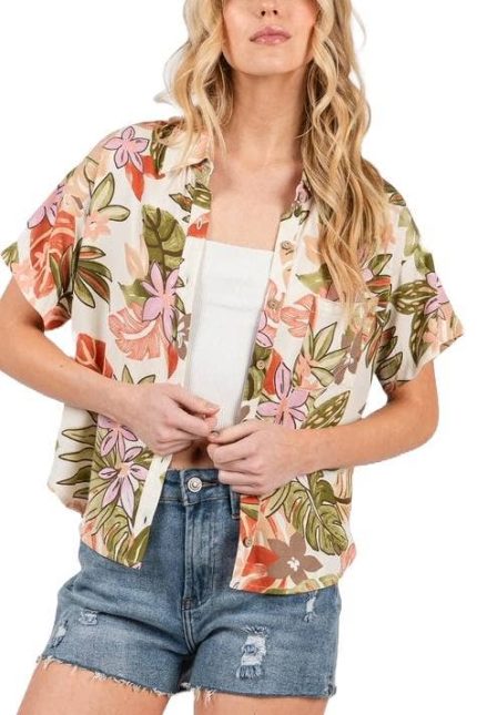 Tropical Print Button Down Short Sleeve Shirts