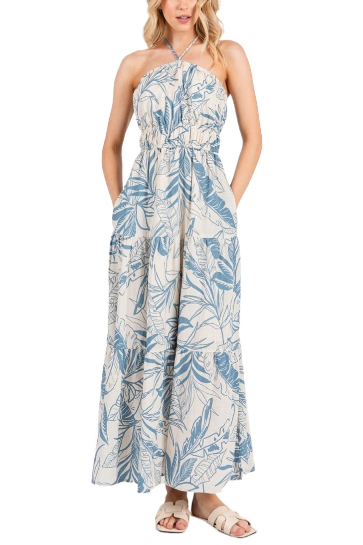 Halter Neck Print Tiered Midi Dress
