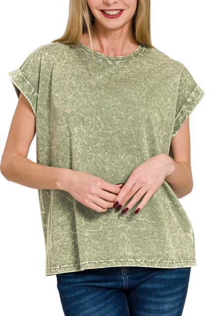 Crinkle Washed Round Neck Folded Short Sleeve Tee