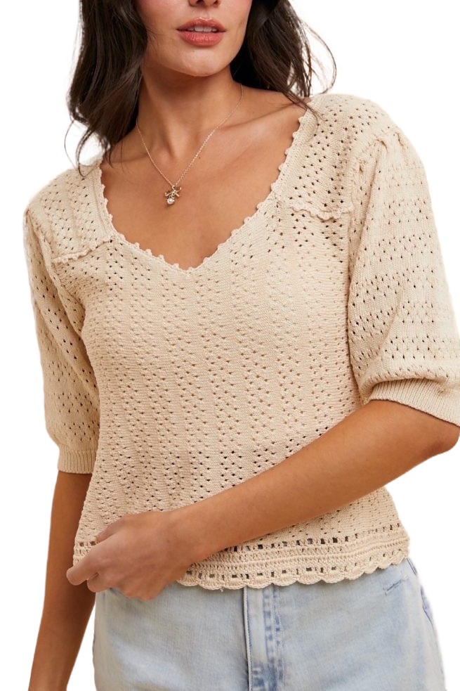 1/2 Puff Sleeve Pointelle Sweater Top