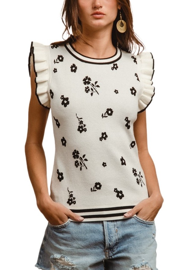 Floral Ruffle Sleeve Sweater Top