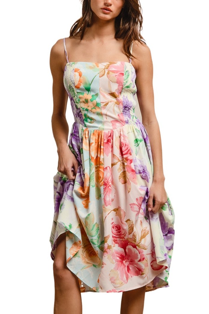 Floral Prints With Smocking Dress