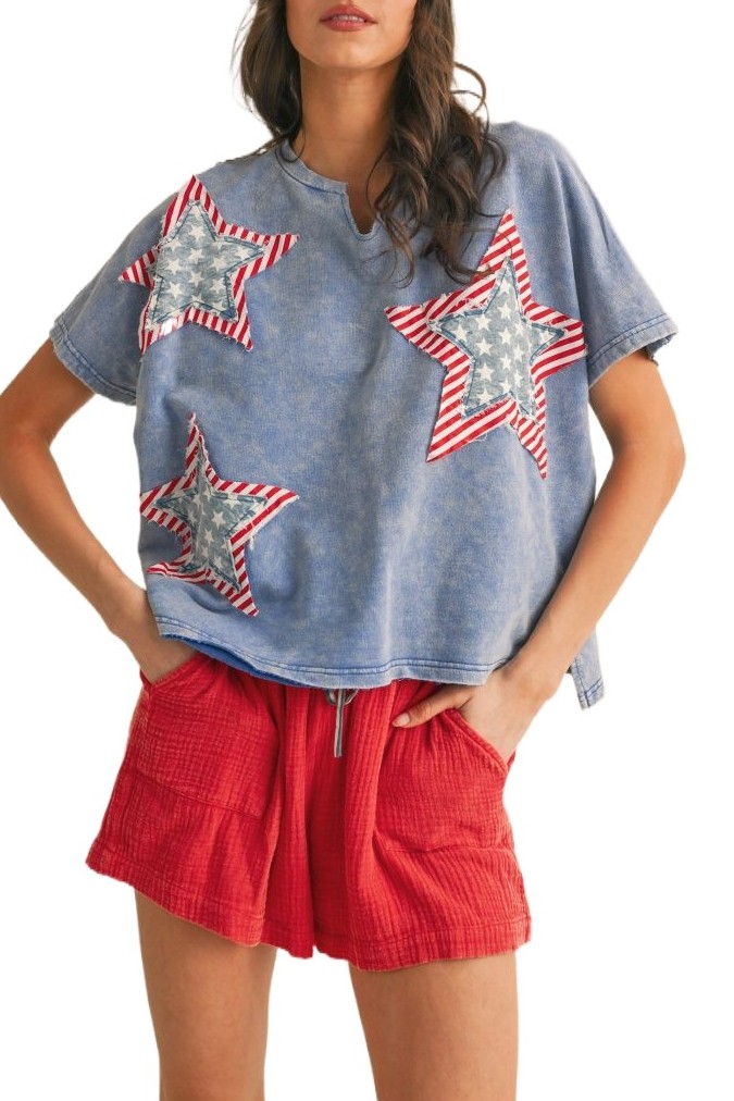 Mineral Washed Star Patched Knit Top