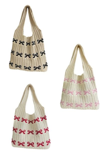 Ribbon Bow Pattern Knitted Woven Crochet Tote Bag