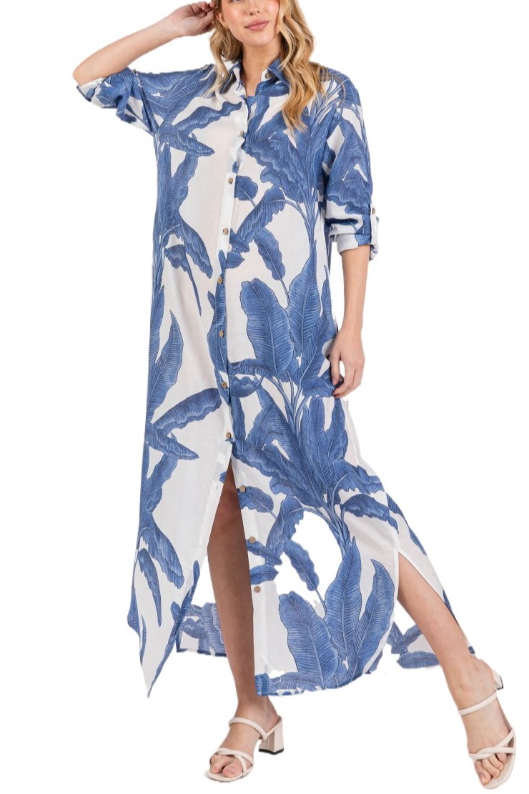 Palm Print Button-down Maxi Dress