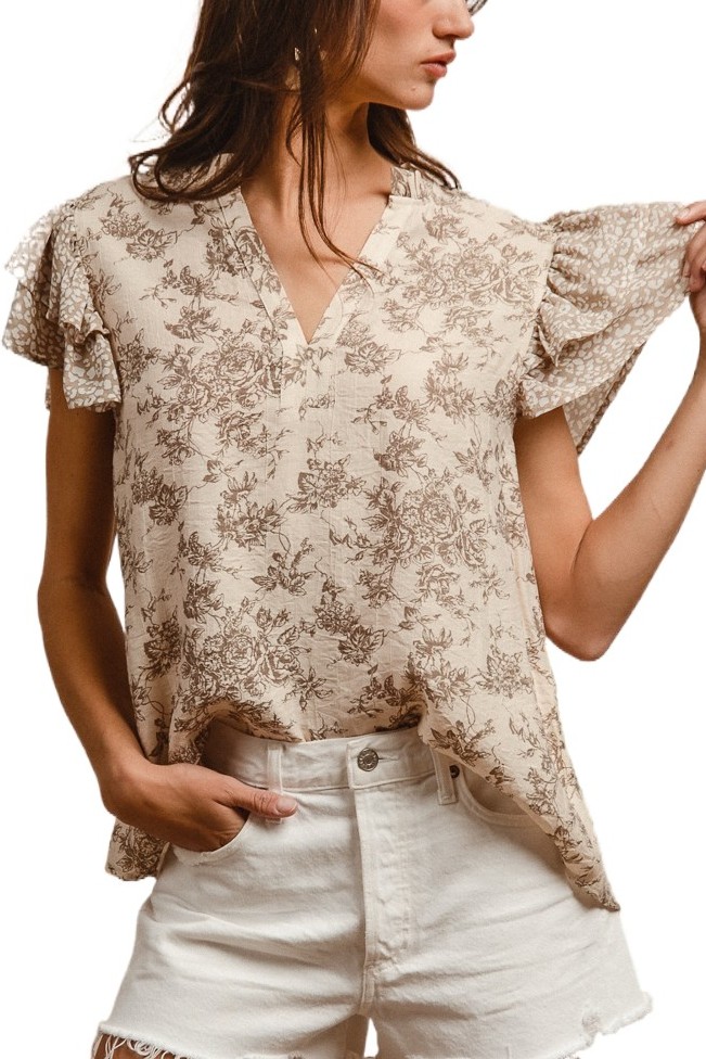 Printed Woven Mix And Match Ruffled Sleeves Top