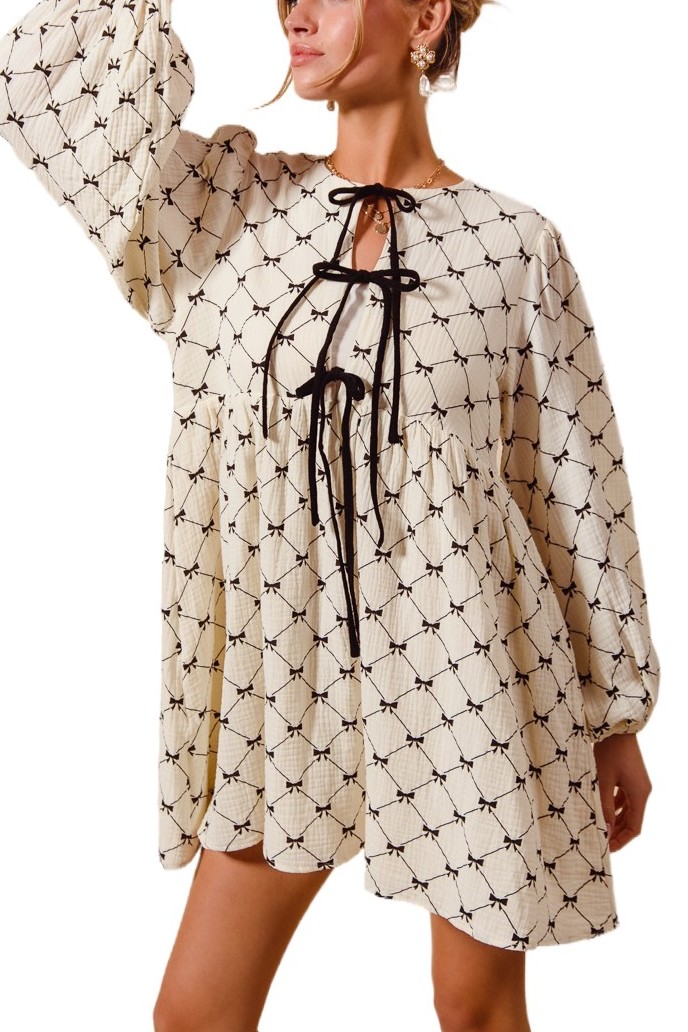 Bow Ribbon Printed Gauze Front Tie Mini Dress