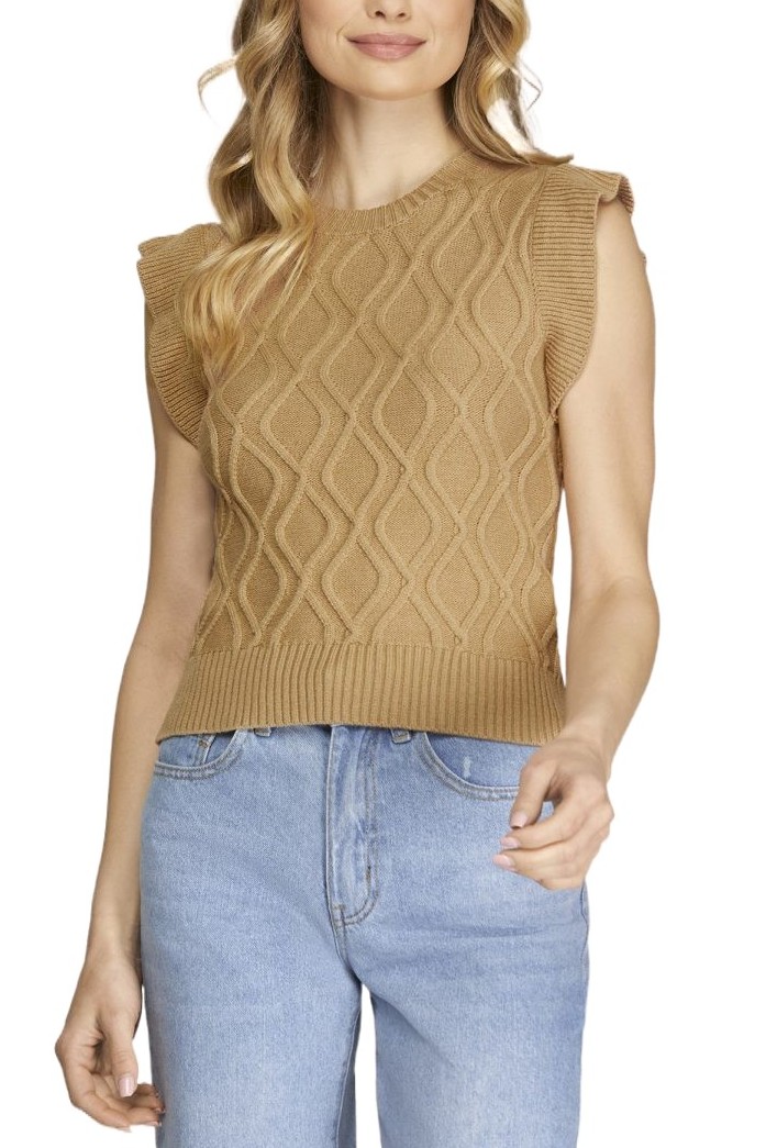 Ruffled Sleeve Cable Knit Sweater Top