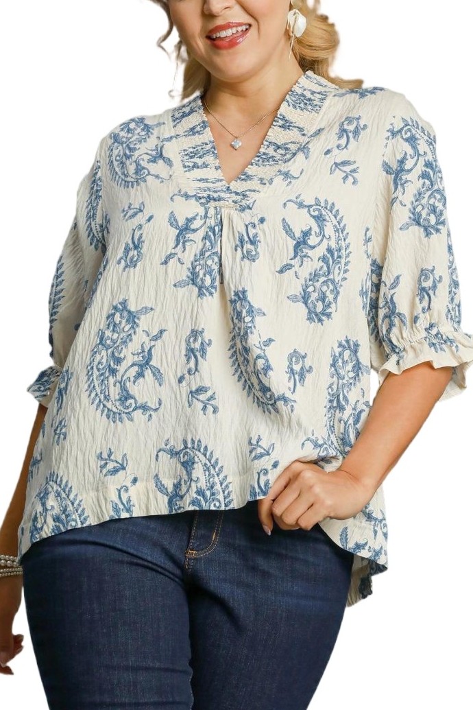 Plus Size Paisley Print V-neck Top